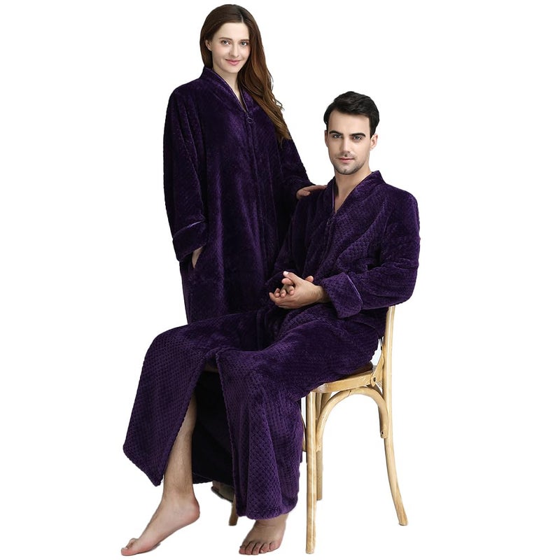 Oksun Womens Fleece Warm Robe: Cozy Flannel Long Zipper Bathrobe - Plush Winter Housecoat Nightgown (Purple, Large) - Image 4